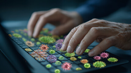 Person using a keyboard dotted with colorful virus models, illustrating cybersecurity or spread of digital viruses.