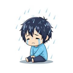 Cute chibi boy sulking and crying in the rain outside - isolated white background illustration