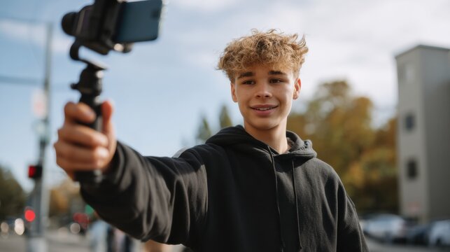 High school student is creating mobile vlog while walking outdoors, showcasing cheerful expression. scene captures vibrant atmosphere with trees and buildings in background