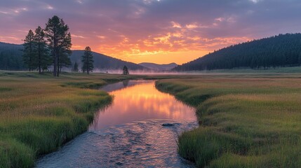 Fototapeta premium Gentle stream reflecting the sky and trees, touched by the first soft rays of sunlight in the morning