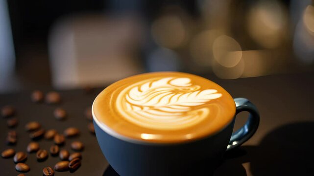 Worker pouring milk into cup of coffee creating beautiful latte art with leaf pattern in cozy atmosphere.
