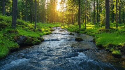 Obraz premium Hidden stream in a deep forest, illuminated by subtle sunlight breaking through the treetops