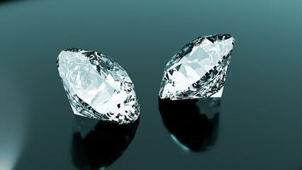 Two sparkling diamonds reflecting on dark surface