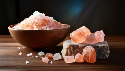 a still life of himalayan salt rock with cubes and small crystals on a wooden surface and bowl behind