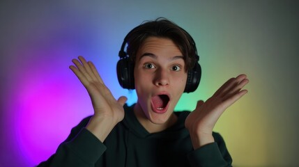 Fototapeta premium Teenager with headphones expressing excitement and surprise in colorful background. vibrant lights create lively atmosphere, perfect for reaction video