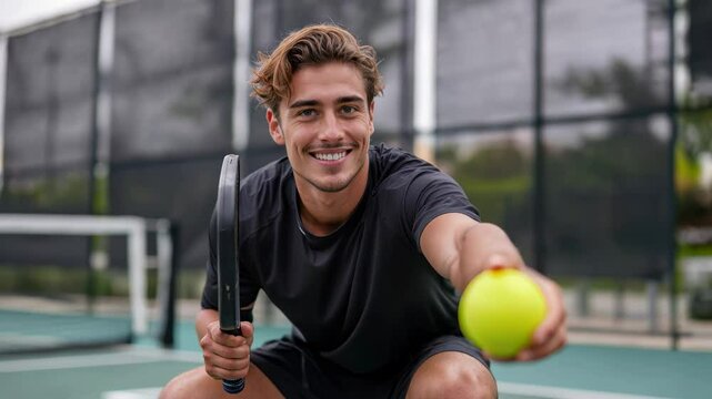 Smiling pickleball player holding paddle and ball on outdoor court, concept of active lifestyle, sports promotion, and recreational game.