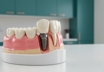 Detailed 3d model illustrating a dental implant procedure and its components in a jawbone cross section
