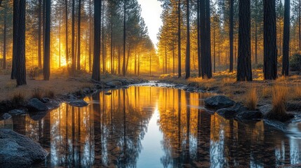 Quiet stream beneath tall pine trees, early sunlight creating a warm, dreamy glow on the forest floor and water
