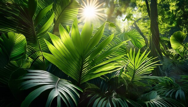 lush green jungle foliage vibrant leaves and sunlight dappled shadows vibrant green sunlight - Powered by Adobe