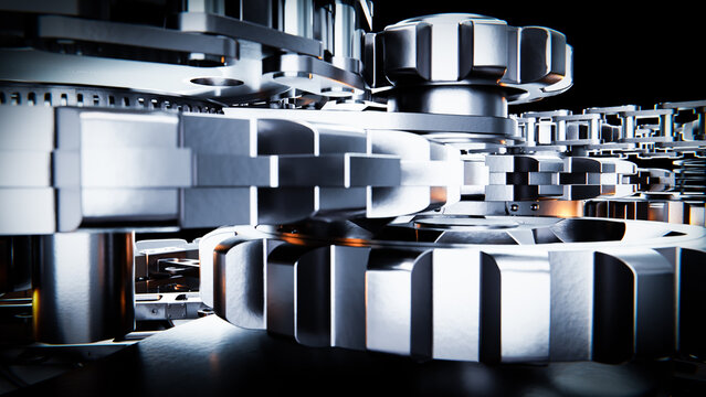 Complex gear system rotating smoothly in a futuristic mechanism