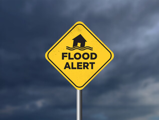 Flood Alert concept background. flooded building and a flood area or emergency situation.