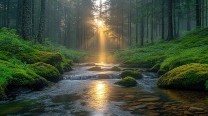 Obraz premium Small stream reflecting warm sunbeams through misty woodland, surrounded by moss-covered rocks