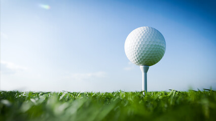 Golf ball sitting on a tee on lush green grass under blue sky
