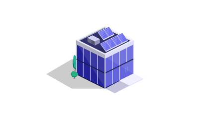 Obraz premium Small modern eco office Building Isometric with High Tech Solar Panels, transparent background