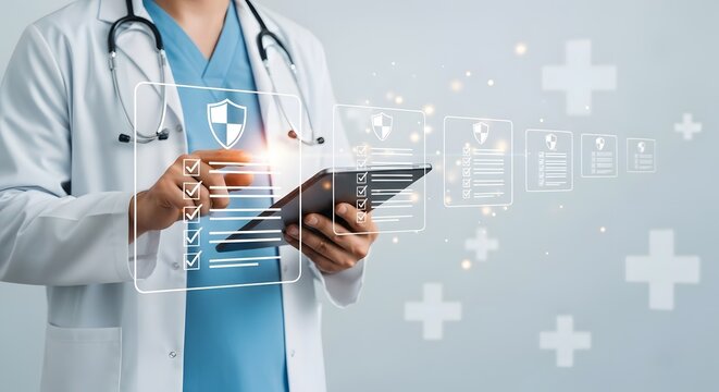 Doctor uses a tablet to check patient medical records, accessing healthcare information technology with a modern digital interface