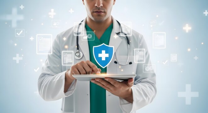 Male doctor using tablet showcases healthcare technology and medical data security against a bright blue digital background with graphic plus signs.