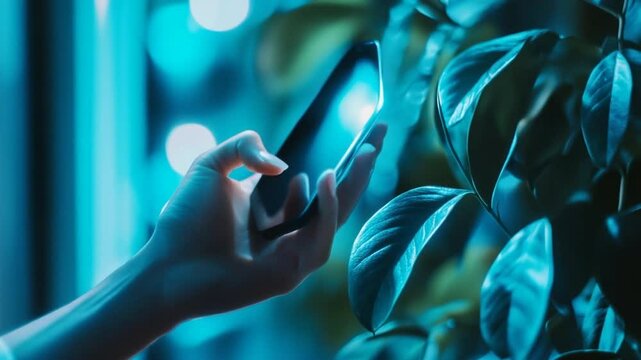 Woman Using Smartphone, Checking Social Media News Feed with Plants in Background