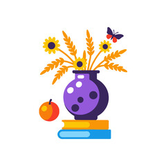 Colorful Still Life Illustration- Whimsical Vase with Sunflowers and Wheat- Resting on Stacked Books with an Apple and Butterfly- Bright and Cheerful Flat Design