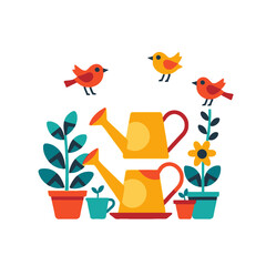 Cute Garden Illustration with Birds Watering Cans and Potted Plants- Whimsical Gardening Scene- Colorful Springtime Design for Kids-Nature Illustration for Home Decor