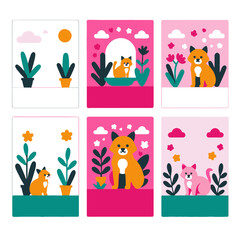 Cute Cartoon Animal Illustrations-Vibrant Springtime Designs with Cats Foxes Flowers-Playful Graphics for Kids Room Decor and Creative Projects
