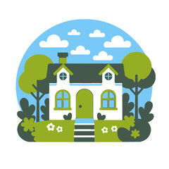 Cute Cartoon House Illustration- Whimsical Home with Trees and Flowers- Vector Art for Kids and Design Projects- Colorful and Cheerful Image- Download Now- Graphics