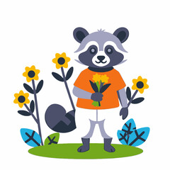 Cute Raccoon Character Holding Flowers in a Garden- Cartoon Raccoon Illustration with Sunflowers- Adorable Animal Art for Kids- Vector Graphic of a Raccoon with a Bouquet