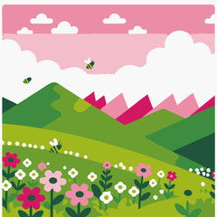 Cute Spring Landscape with Bees and Flowers-Illustration of Green Hills and Pink Mountains-Whimsical Nature Scene for Kids-Bright and Cheerful Artwork