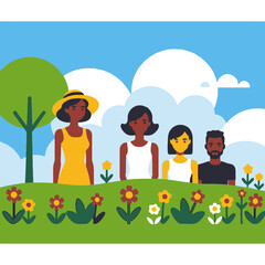 Diverse Group Enjoying Nature-People in a Flower Garden-Summer Day Outing-Harmony and Community-Colorful Floral Landscape-Family Togetherness in Nature Scene