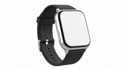 Smartwatch with a rectangular face and a silver frame. It has a black band with multiple holes for size adjustment. The display is blank and is set against a white background.