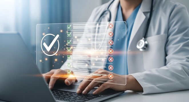 Doctor reviews patient data with digital checklist on laptop displaying completed and incomplete medical record information for healthcare compliance
