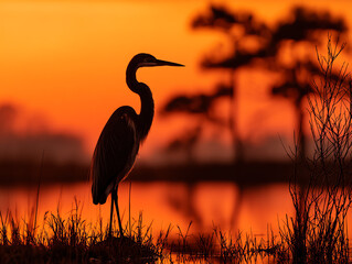 Heron silhouette at sunset by the tranquil water.