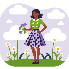 Illustration of a Woman with Flowers in a Field-Cute cartoon with Daisy Flowers and Clouds-Whimsical Art for Spring and Summer Themes