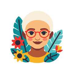 Illustration of a stylish older woman with glasses and floral background - Diverse representation of seniors in modern art - Positive aging and fashionable grandmother image