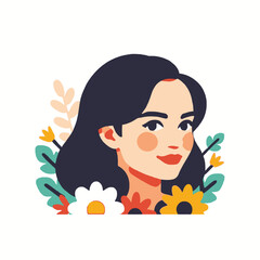 Illustration of Woman with Floral Accents-Cute Female Character with Flowers and Leaves-Digital Art Portrait of a Smiling Lady Surrounded by Nature