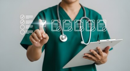 Doctor Completing Digital Checklist on Screen for Healthcare Record Keeping and Patient Care Efficiency