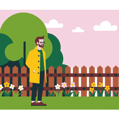 Man in Yellow Coat Strolling Through Spring Garden - Illustration of a Stylish Man Enjoying Nature - Flowers Blooming by Wooden Fence - Relaxing Outdoor Scene