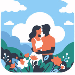 Romantic Couple Illustration in a Flower Garden under a Cloudy Sky-Celebrating Love-Relationships and Affection-Interracial Couple Embrace-Digital Art