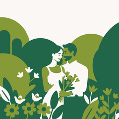 Romantic Couple in Garden with Flowers- Interracial Love- Blooming Romance- Outdoor Date- Sweet Couple Illustration- Greenery and Flowers- Love and Affection
