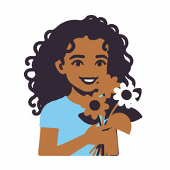 Smiling Girl with Flowers Illustration-Cute Cartoon Character Holding a Bouquet-Colorful Floral Design-Ideal for Children's Books and Springtime Projects