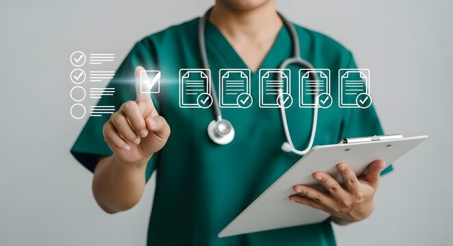 Doctor Completing Digital Checklist on Screen for Healthcare Record Keeping and Patient Care Efficiency