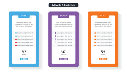 Pricing or subscription plan ui web elements. Website marketing or promotion interface template. Product comparison or subscription table. Price table concept vector design. 