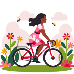 Woman Riding Bike in Spring Landscape-Floral Dress-Bicycle Illustration-Outdoor Activity-Healthy Lifestyle-Bees and Flowers-Cheerful Scene-Springtime Joy