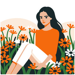 Woman Relaxing in Flower Field Illustration-Girl Enjoying Nature and Serenity-Floral Meadow Art-Peaceful Scene with Lady in Orange Top-Outdoor Relaxation Concept