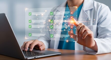 Doctor interacting with a virtual checklist on a computer, highlighting medical technology, diagnostics, and telehealth with data analysis.