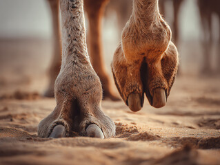 Close-up of animal hoofs on sandy ground.