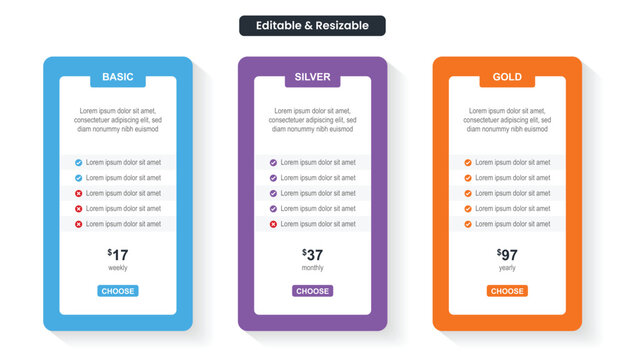Pricing or subscription plan ui web elements. Website marketing or promotion interface template. Product comparison or subscription table. Price table concept vector design. 