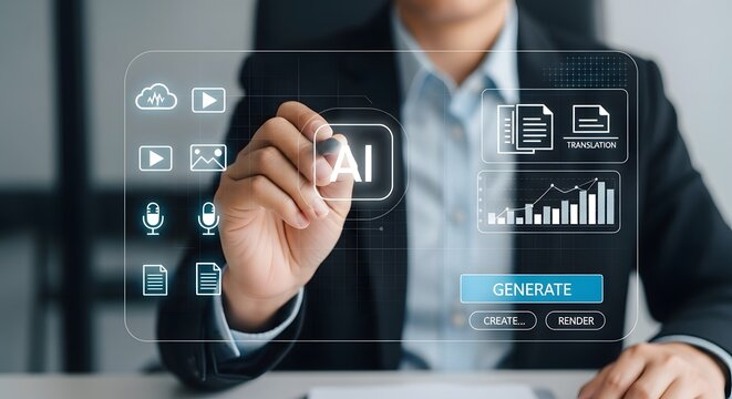 Man interacts with a transparent interface displaying Artificial Intelligence and various digital functions with advanced technology.