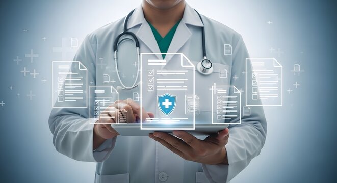 Doctor uses a tablet to access medical records and patient information in a digital healthcare setting, showcasing secure data and modern medicine.