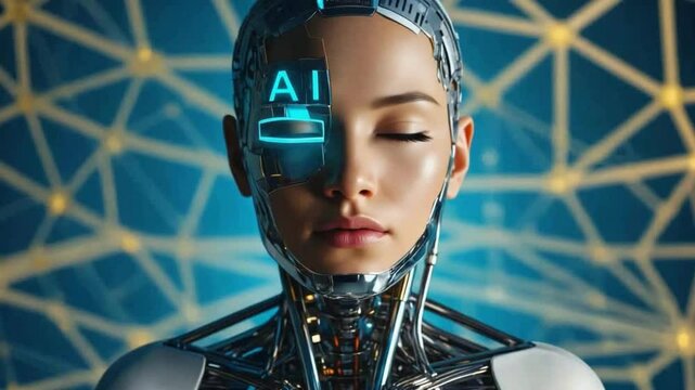 AI Cyborg Serene: A futuristic cyborg woman with AI interface on her face, eyes closed, exudes tranquility amidst a complex network background.