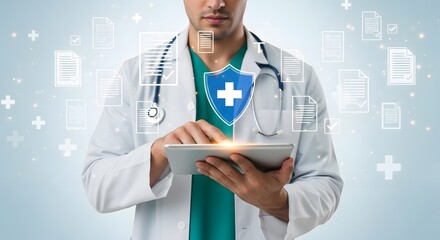 Healthcare professional interacts with a digital tablet for medical data and online telemedicine in a futuristic technology and protection environment.